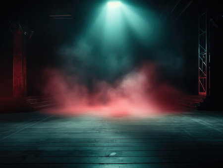 Empty stage with smoke and spotlights. Stage illuminated by red and blue lightsの素材