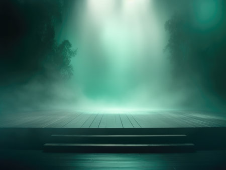 Empty stage in a dark forest. Neon light, fog, haze. Empty stage background. Dark scene, neon light, spotlights. 3d renderingの素材