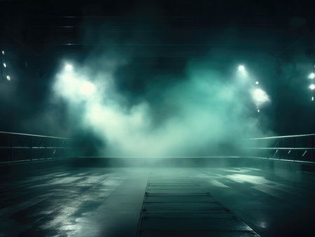 Empty stage with lights, smoke and spotlights. Abstract dark backgroundの素材