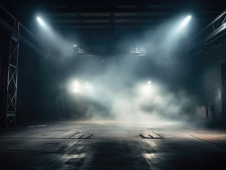 Empty warehouse with smoke and spotlights. night scene. 3d renderingの素材