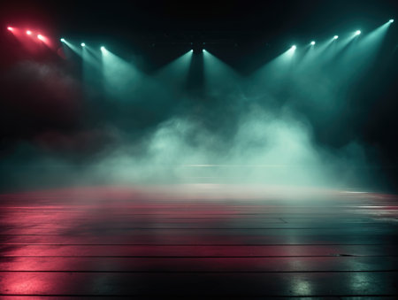 Empty stage with lights, smoke and spotlights. Stage Spotlight on a dark backgroundの素材
