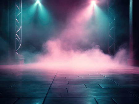 Empty stage with neon lights, smoke and spotlights. stage backgroundの素材