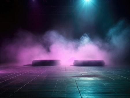 Pair of tires on a dark stage with smoke and spotlightsの素材
