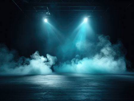 Empty stage with smoke and spotlights. Stage illuminated by spotlights. stage backgroundの素材