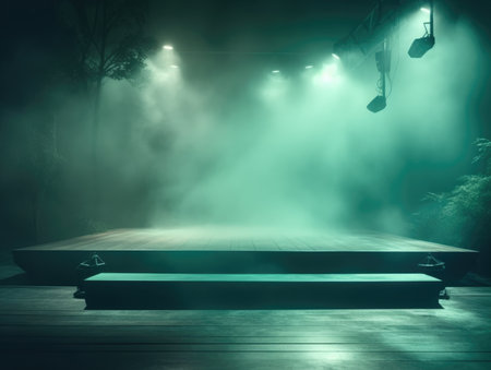 Empty stage in a dark room with smoke, fog and spotlightsの素材