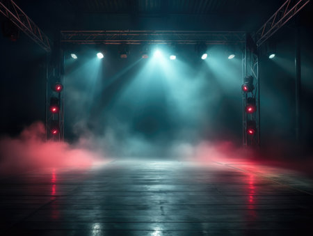 Stage lights and smoke on a dark background. The stage is illuminated by spotlights.の素材