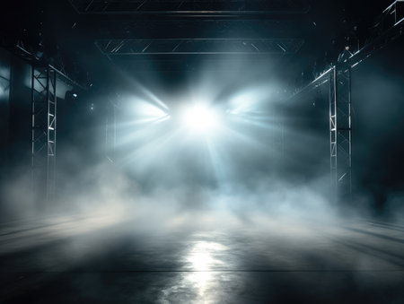 Empty stage with smoke and spotlights. Stage lights, fog, rays of lightの素材
