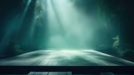 Empty wooden platform in dark forest with light beam and fog. 3D Renderingの素材