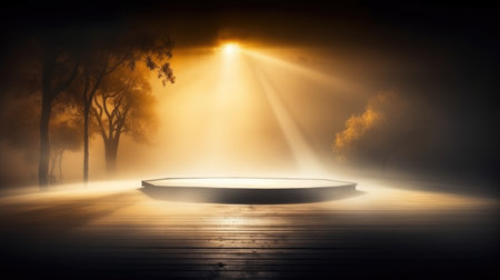 Empty stage in dark forest with fog. 3D rendering.の素材