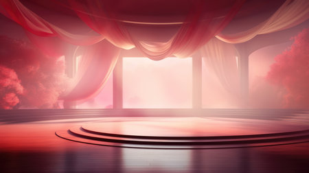 3d rendering of a stage with red curtains and a large windowの素材