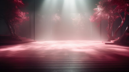 3D render of an empty stage in a dark room with neon lightsの素材