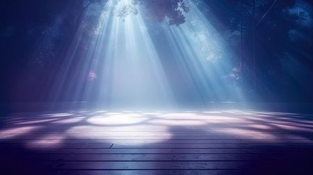 Dark forest with wooden floor and rays of light. 3d renderingの素材