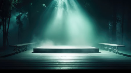 Empty stage in dark room with spotlights and smoke. 3D renderingの素材