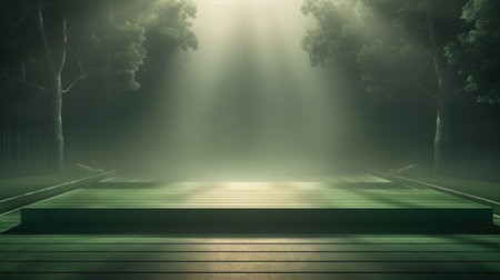 3d rendering of a wooden platform in a dark forest with lights and fogの素材