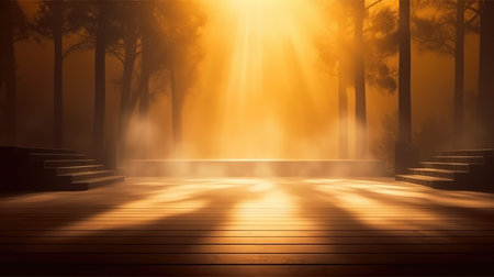 Wooden platform in the dark forest with rays of light from the sunの素材