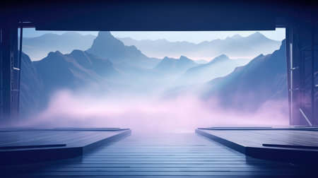 Digital composite of Empty bridge with fog and mountains in background. 3d renderingの素材