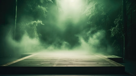 Empty wooden stage in a dark forest with fog and rays of lightの素材