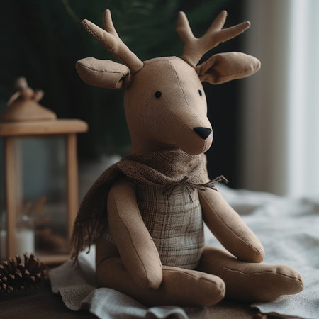 Christmas and New Year concept. A toy deer on a wooden background simple handmade linen wool toyの素材