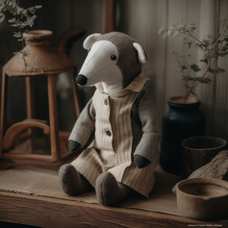 teddy bear sitting on a shelf in a rustic room.の素材