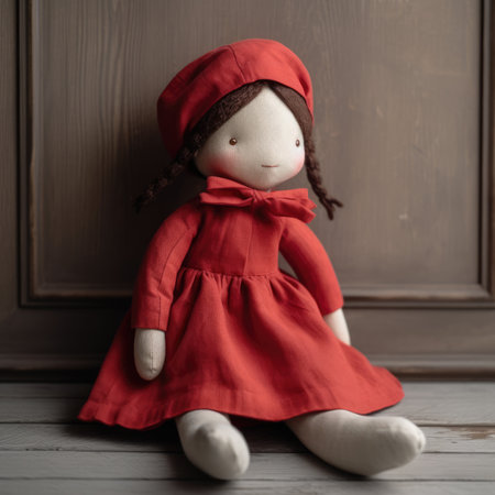 Vintage doll girl in red dress sitting on the wooden floor simple handmade linen wool toyの素材