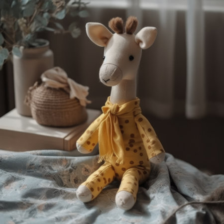 Cute toy giraffe in yellow dress sitting on bed at homeの素材