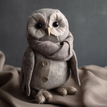 Cute owl with scarf on fabric background. Stuffed animal simple handmade linen wool toyの素材