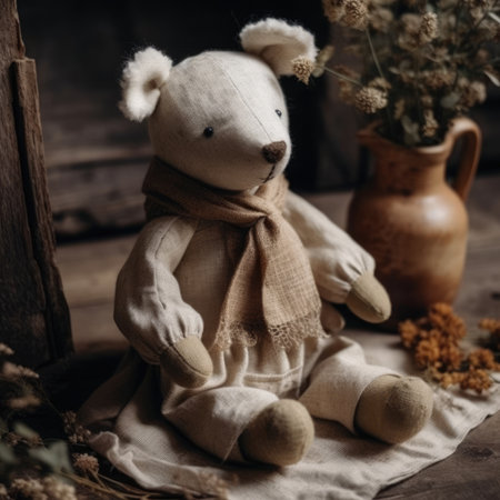 Teddy bear with a scarf on a wooden background. Vintage style simple handmade linen wool toyの素材