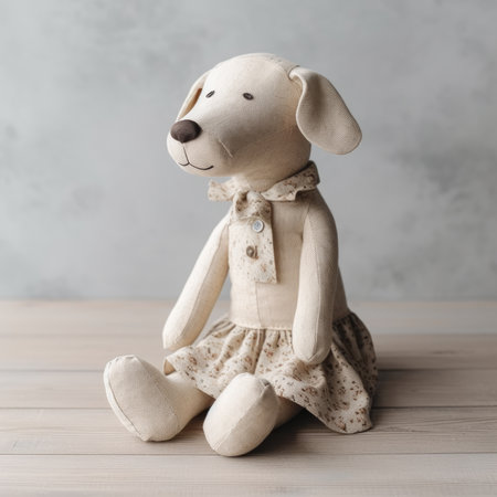 Cute little dog doll on wooden table over gray background, selective focusの素材