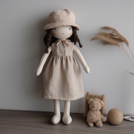 Retro doll with hat and teddy bear on gray wall background simple handmade linen wool toyの素材