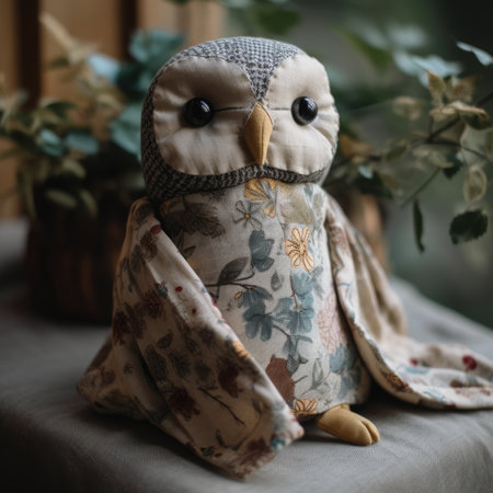 Cute owl doll on the table in a cozy room with flowersの素材