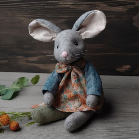 Cute little rabbit doll with flower on old wooden background, close upの素材