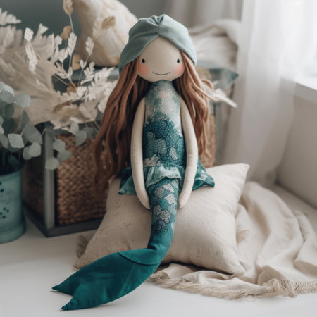 Tattooed rag doll with red hair sitting on the windowsill.の素材