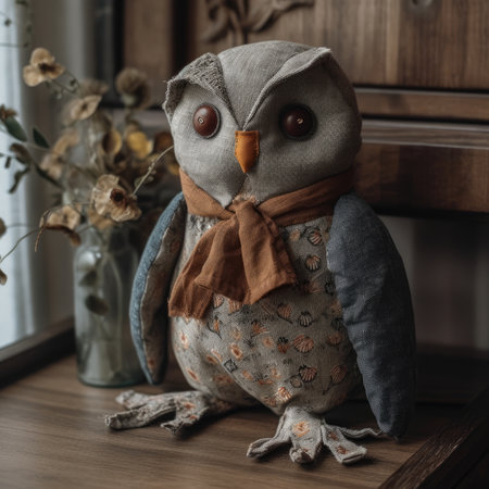 Owl doll in the interior of the room with a vase of flowersの素材