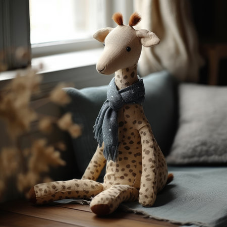 Cute toy giraffe with scarf sitting on window sill at homeの素材