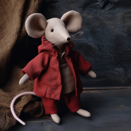 Cute toy mouse in a red jacket on a dark background.の素材