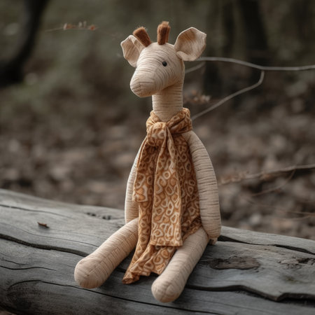 Cute little giraffe doll in the forest. selective focus.の素材