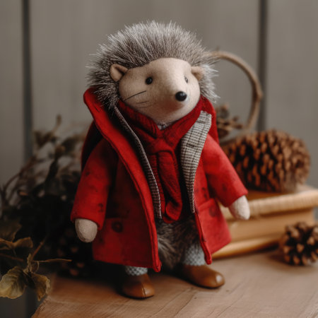 Cute toy hedgehog in a red coat with a scarf.の素材