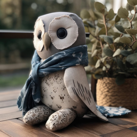 Soft toy owl sitting on a wooden terrace with a blue scarfの素材