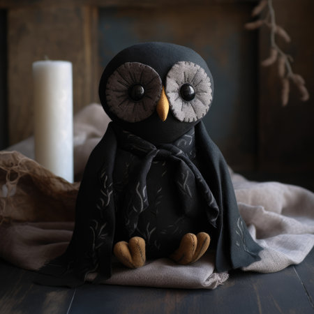 Cute black owl doll on a dark background. Halloween concept, simple handmade linen wool toyの素材