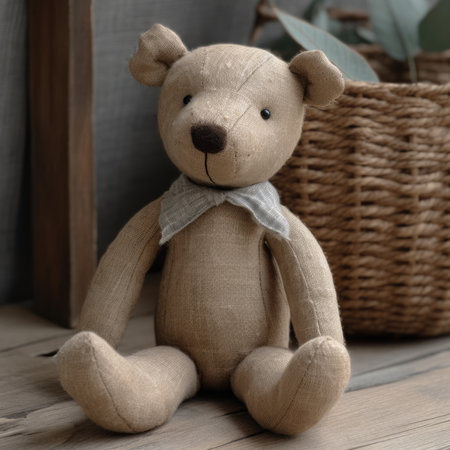 Teddy bear with a scarf on the background of a wicker basket , simple handmade linen wool toyの素材