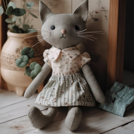 Cute gray cat doll sitting on the wooden floor in the room , simple handmade linen wool toyの素材