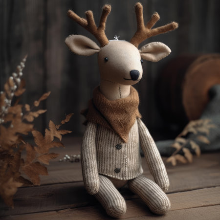 Handmade knitted reindeer toy on a wooden background, simple handmade linen wool toyの素材