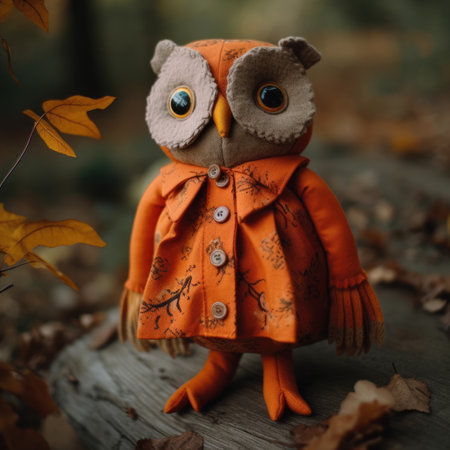 A cute owl in an orange coat stands on a stump in the autumn forest, simple handmade linen wool toyの素材