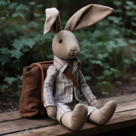 Rabbit doll with brown backpack on wooden table in the forest, simple handmade linen wool toyの素材