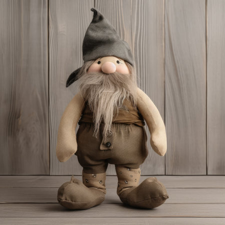 Old wooden gnome with a gray beard on a wooden background, simple handmade linen wool toyの素材