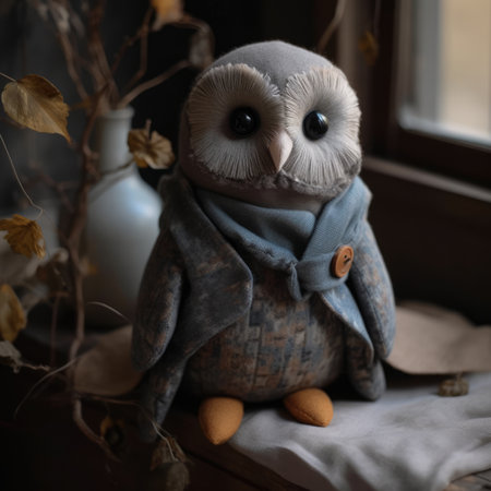 Soft toy owl with a scarf on the windowsill. Toning, simple handmade linen wool toyの素材