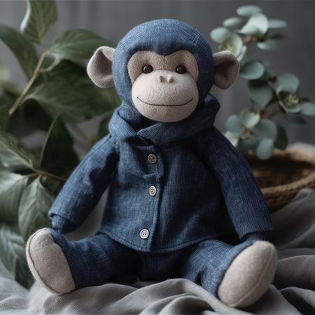 Cute monkey doll in blue knitted clothes on a gray backgroundの素材
