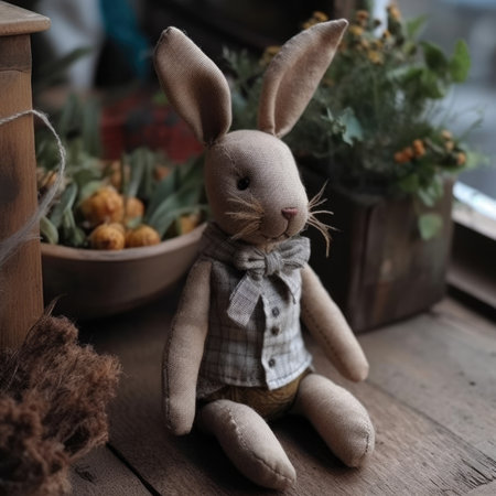 Easter bunny doll on wooden table. vintage style. Selective focus, simple handmade linen wool toyの素材