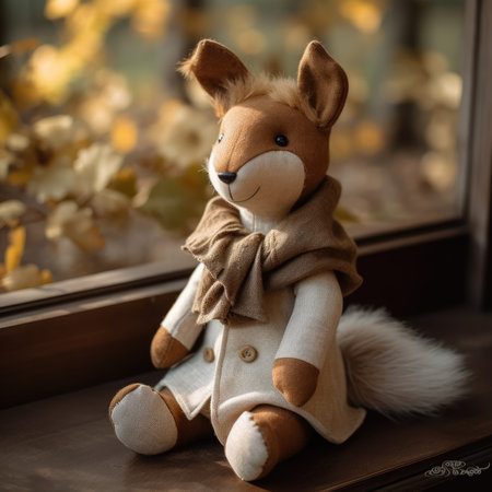 toy fox sitting on the windowsill with autumn leaves in the background, simple handmade linen wool toyの素材
