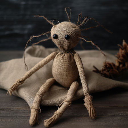 Vintage handmade doll made of burlap on a dark wooden background, simple handmade linen wool toyの素材